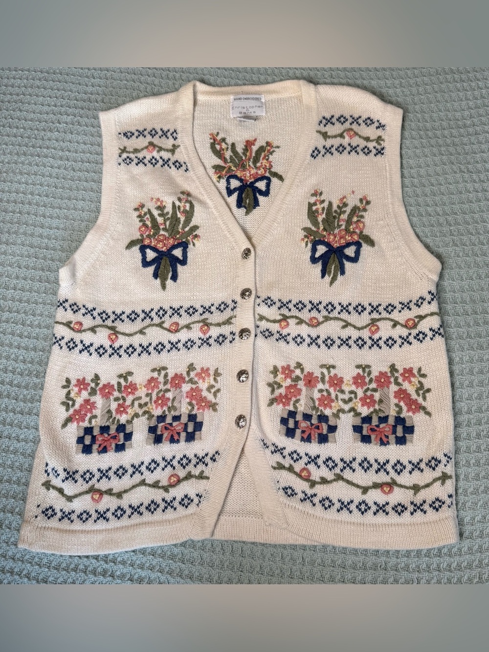 Vintage Hand Embroidered Christopher & Banks Sweater Vest Large Ivory Floral 90s